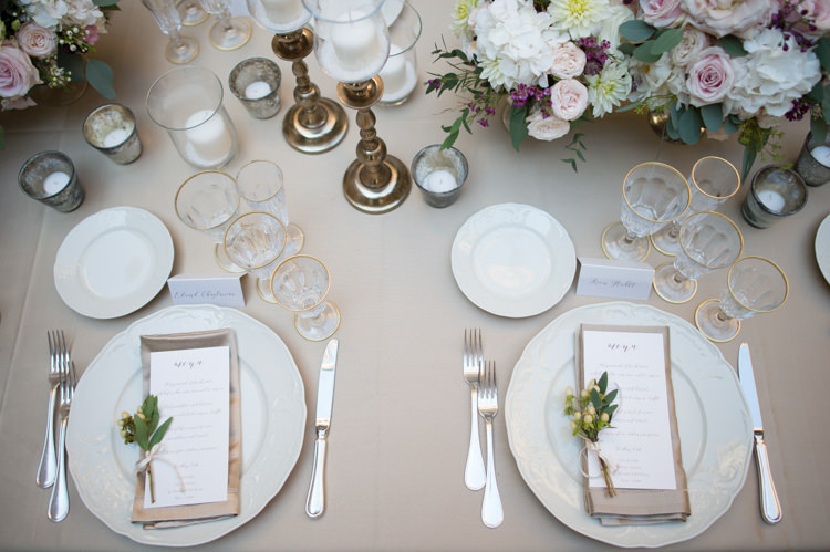 Reception Table Settings Fresh White Pink Purple Florals Roses Peonies Daises Gold Candlesticks Menu Gold Wine Glasses Romantic Outdoor Castle Tuscany Wedding http://www.natalymontanari.com/