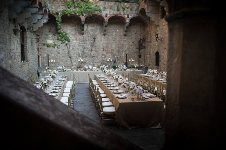 Reception Table Settings Gold Chairs Fresh Florals Candlesticks Romantic Outdoor Castle Tuscany Wedding http://www.natalymontanari.com/