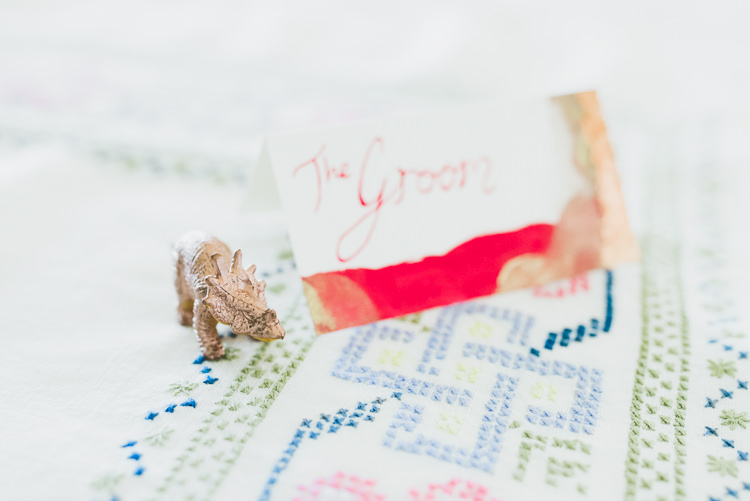 Painted Dinosaur Place Name Card Eclectic Quirky DIY Vintage Wedding https://www.georgimabee.com/