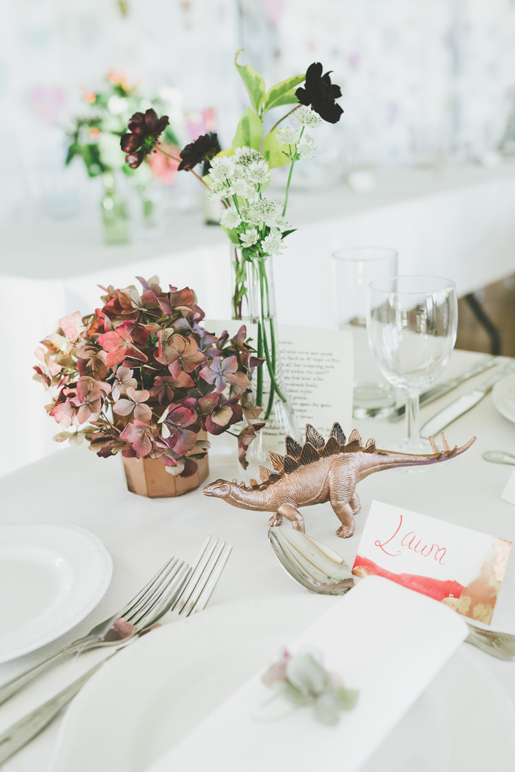 Painted Dinosaur Decor Flowers Eclectic Quirky DIY Vintage Wedding https://www.georgimabee.com/
