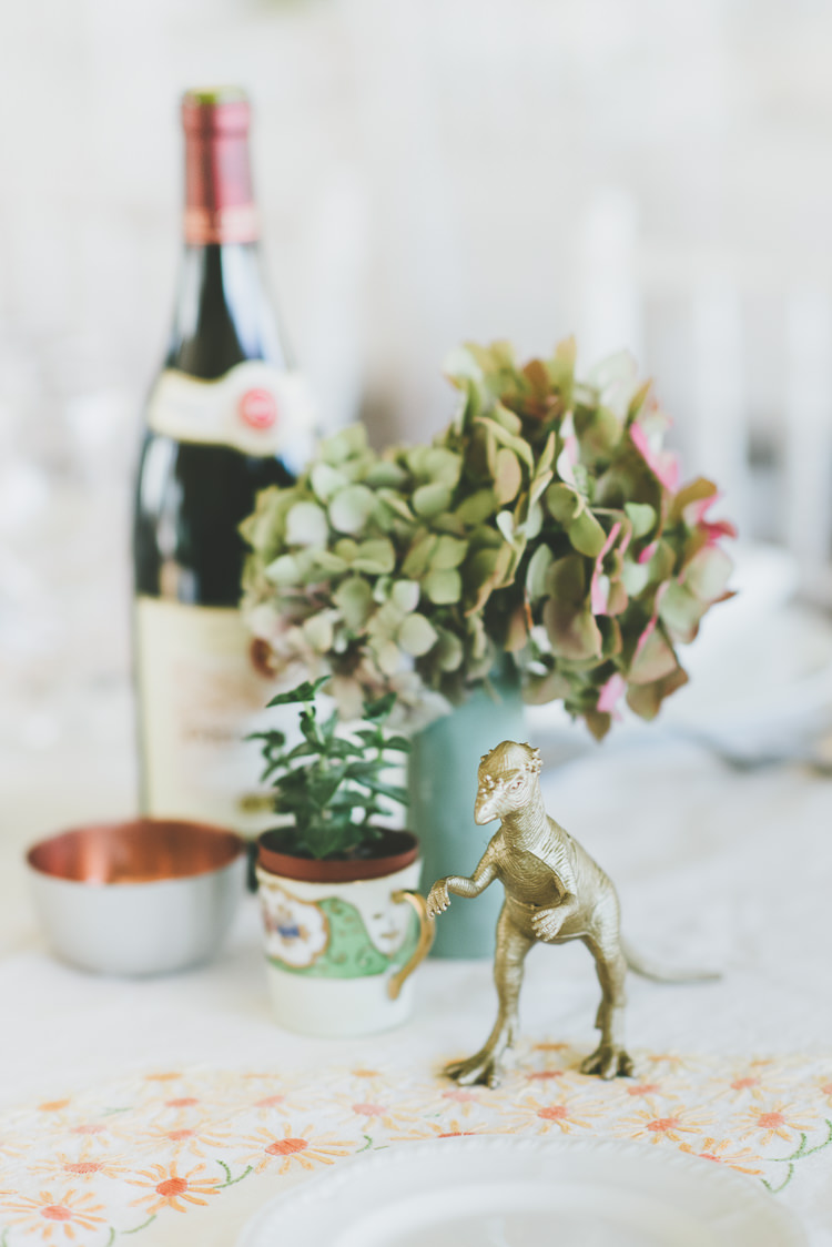Painted Dinosaur Decor Tables Eclectic Quirky DIY Vintage Wedding https://www.georgimabee.com/