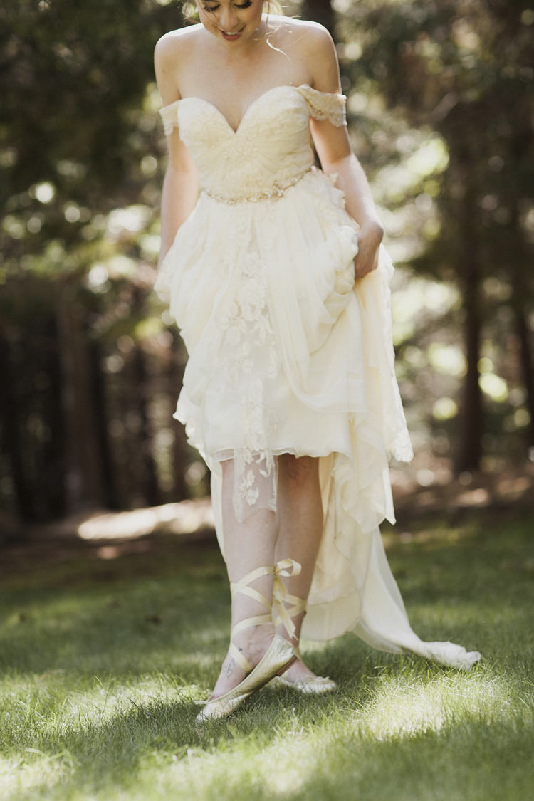Bride Sarah Seven Cascade Lace Off The Shoulder Bridal Gown Gold Embellished Belt Ballet Slippers Long Ribbons Whimsical Forest Harry Potter Wedding http://heatherelizabethphotography.com/