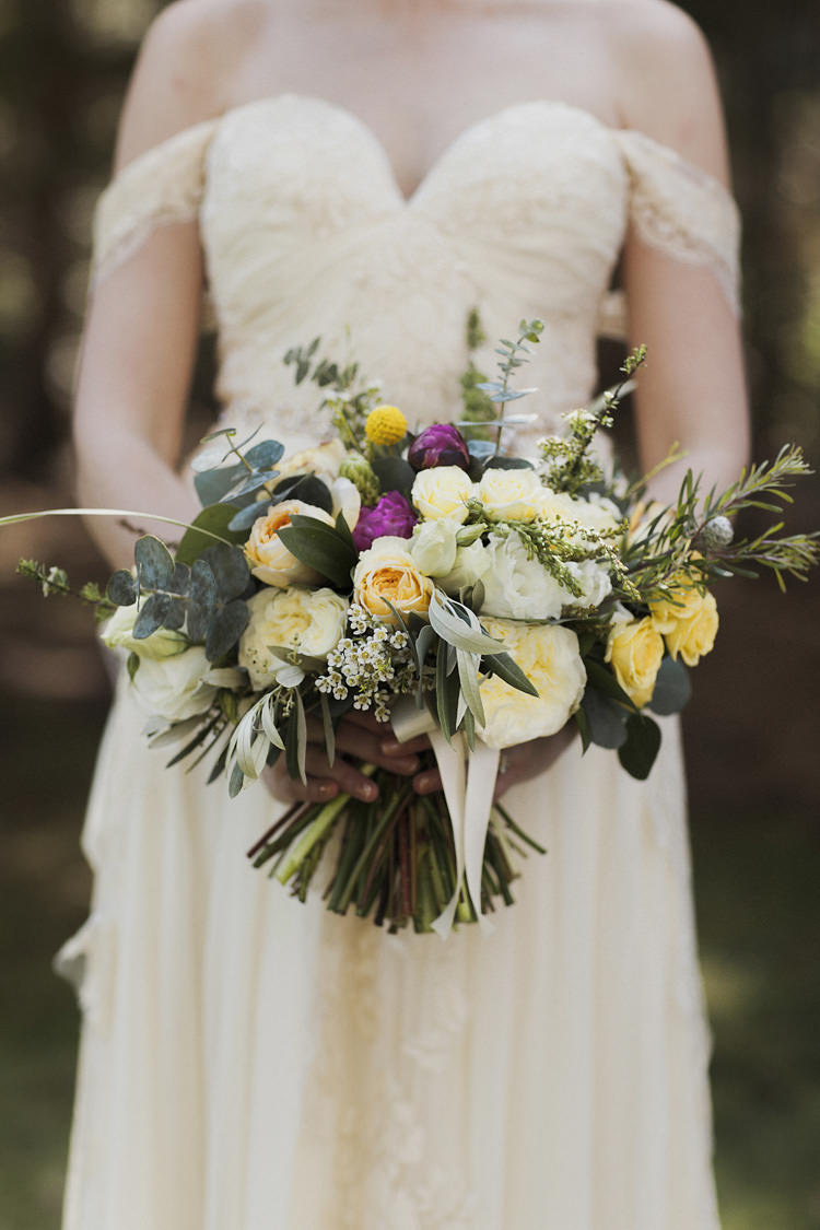 Bride Sarah Seven Cascade Off The Shoulder Lace Bridal Gown Multicoloured Bouquet Yellow Cream Pink Roses Peonies Greenery Whimsical Forest Harry Potter Wedding http://heatherelizabethphotography.com/