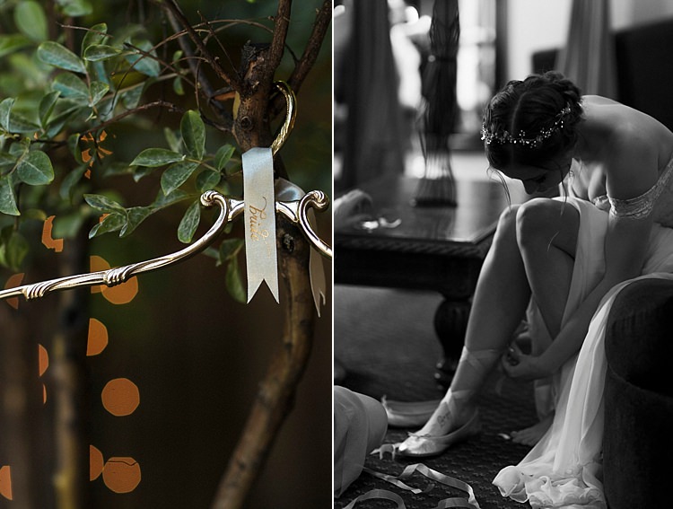 Bride Sarah Seven Cascade Lace Off The Shoulder Bridal Gown Crystal Hairpiece Ballet Slippers Long Ribbons Tree Silver Décor Whimsical Forest Harry Potter Wedding http://heatherelizabethphotography.com/