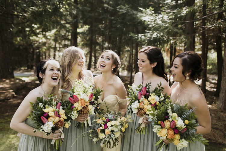 Bride Sarah Seven Cascade Lace Off The Shoulder Bridal Gown Bridesmaids Green Strapless Dresses Multicoloured Bouquets Yellow Cream Pink Roses Peonies Lillies Whimsical Forest Harry Potter Wedding http://heatherelizabethphotography.com/