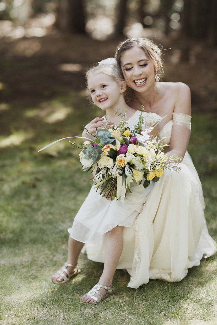 Bride Lace Off The Shoulder Bridal Gown Multicoloured Bouquet Flower Girl Cream Dress Gold Sandals Whimsical Forest Harry Potter Wedding http://heatherelizabethphotography.com/