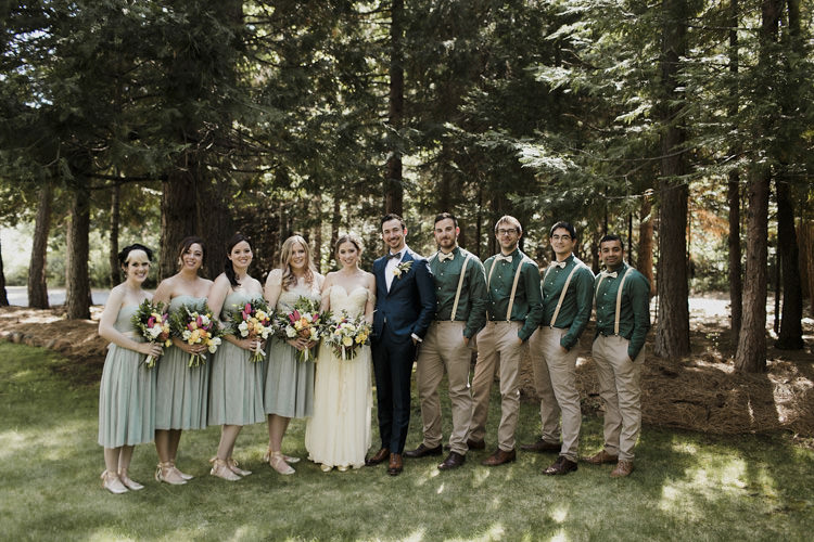 Bridal Party Bride Lace Off The Shoulder Bridal Gown Groom Dark Blue Suit Patterned Bowtie Bridesmaids Green Strapless Dresses Groomsmen Green Shirts Beige Pants Suspenders Bowtie Whimsical Forest Harry Potter Wedding http://heatherelizabethphotography.com/