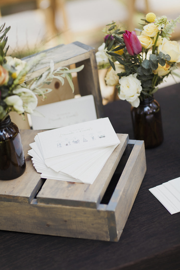 Wedding Stationery Order of the Day Cards Illustrations Wooden Crate Small Bottles Multicoloured Florals Pink Yellow Cream Roses Whimsical Forest Harry Potter Wedding http://heatherelizabethphotography.com/