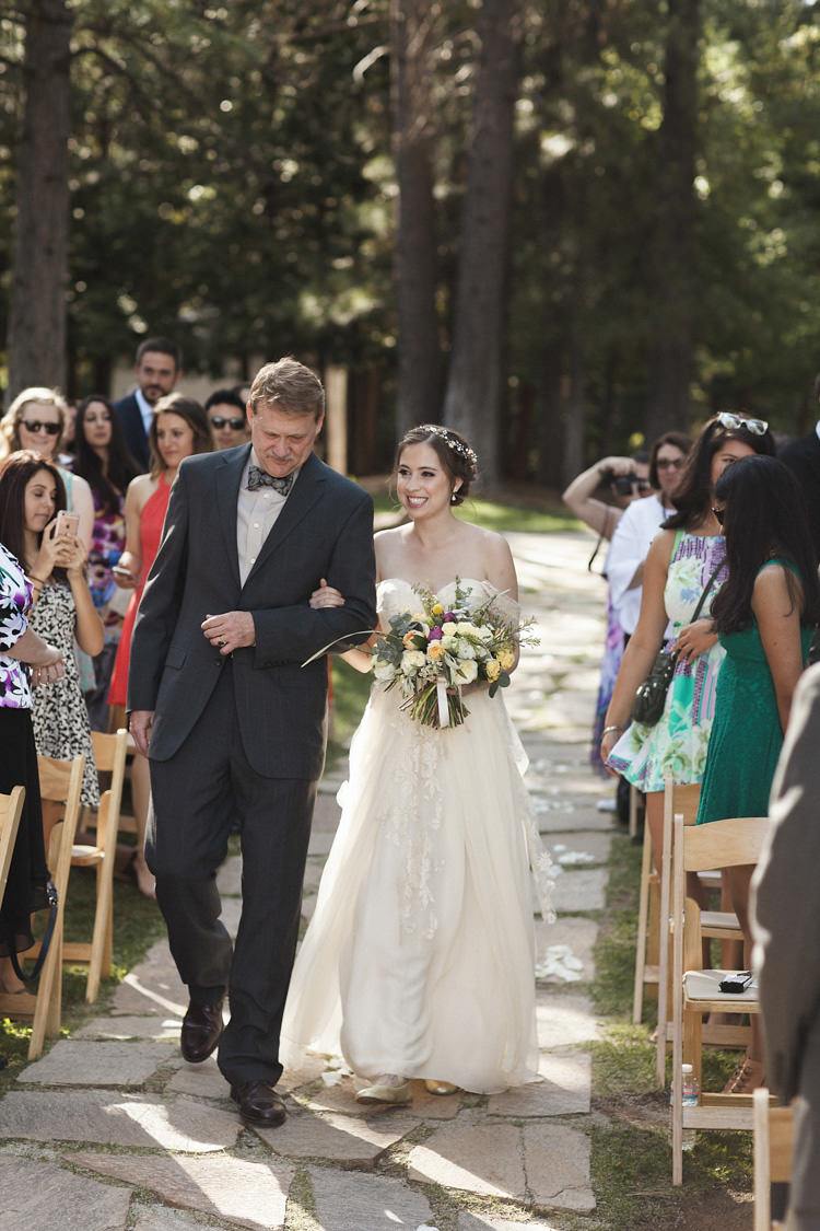 Outdoor Ceremony Bride Sarah Seven Cascade Lace Off The Shoulder Bridal Gown Multicoloured Bouquet Father Entrance Guests Whimsical Forest Harry Potter Wedding http://heatherelizabethphotography.com/