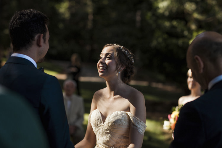 Outdoor Ceremony Bride Sarah Seven Cascade Lace Off The Shoulder Bridal Gown Crystal Hairpiece Groom Dark Blue Suit Whimsical Forest Harry Potter Wedding http://heatherelizabethphotography.com/
