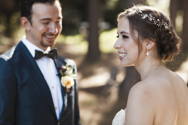Outdoor Ceremony Bride Sarah Seven Cascade Lace Off The Shoulder Bridal Gown Crystal Hairpiece Groom Dark Blue Suit Patterned Bowtie Floral Buttonhole Whimsical Forest Harry Potter Wedding http://heatherelizabethphotography.com/