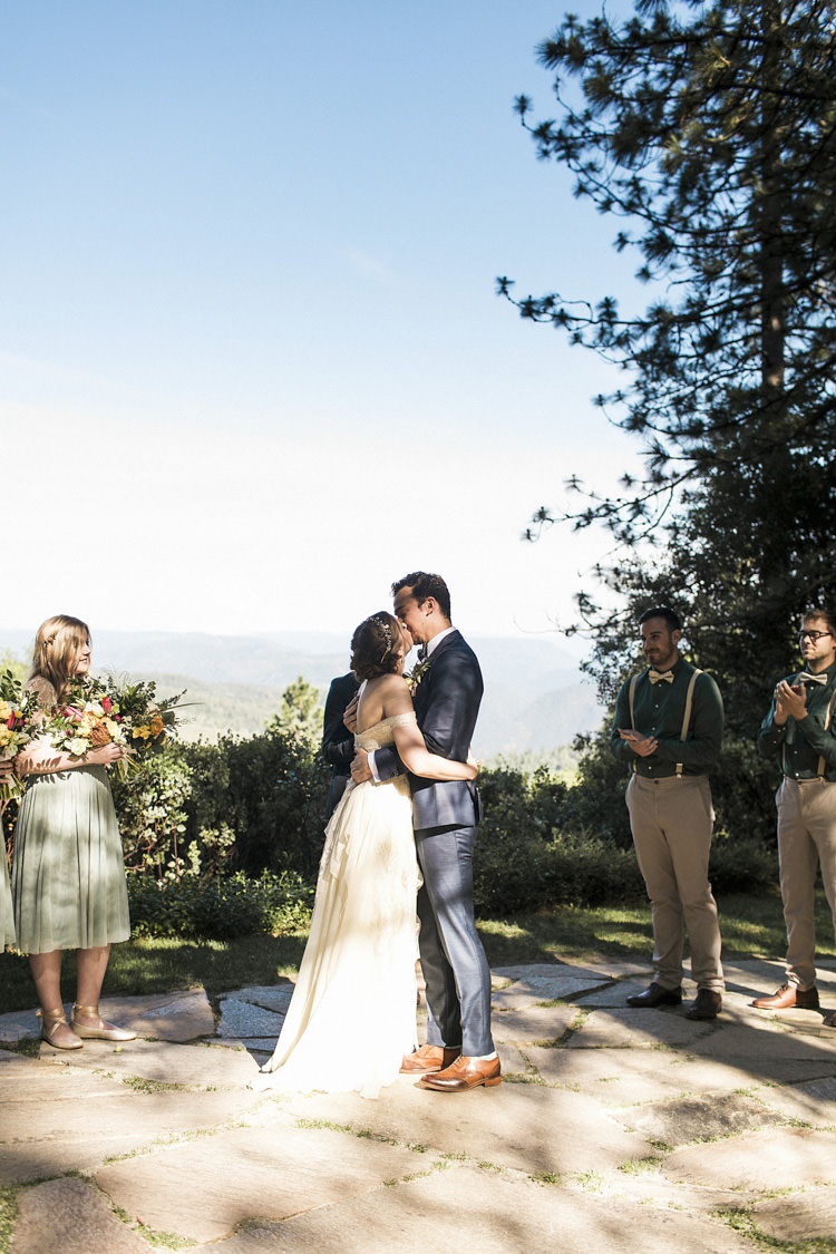 Outdoor Ceremony Bride Sarah Seven Cascade Lace Off The Shoulder Bridal Gown Crystal Hairpiece Groom Dark Blue Suit Patterned Bowtie Floral Buttonhole Bridesmaids Groomsmen Whimsical Forest Harry Potter Wedding http://heatherelizabethphotography.com/