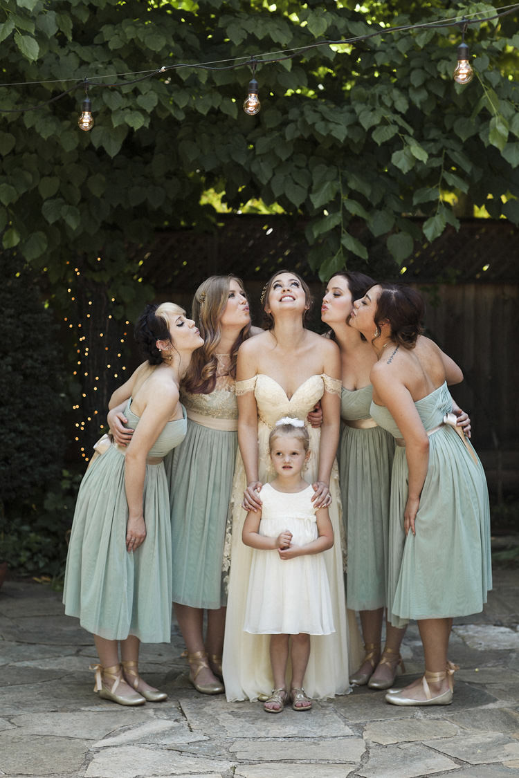Bride Sarah Seven Cascade Lace Off The Shoulder Bridal Gown Bridesmaids Green Strapless Dresses Cream Ribbons Ballet Slippers Flowergirl Cream Dress Whimsical Forest Harry Potter Wedding http://heatherelizabethphotography.com/