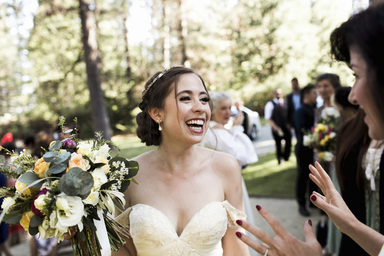 Outdoor Ceremony Bride Sarah Seven Cascade Lace Off The Shoulder Bridal Gown Crystal Headpiece Multicoloured Bouquet Guests Whimsical Forest Harry Potter Wedding http://heatherelizabethphotography.com/