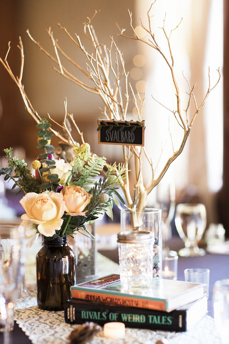 Reception Table Setting Book Lover Theme Dark Bottle Multicoloured Florals Books Candles Painted Branch Blackboard Place Name Whimsical Forest Harry Potter Wedding http://heatherelizabethphotography.com/