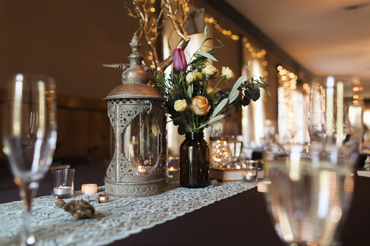 Reception Lantern Dark Bottle Multicoloured Florals Fairy Lights Candles Whimsical Forest Harry Potter Wedding http://heatherelizabethphotography.com/