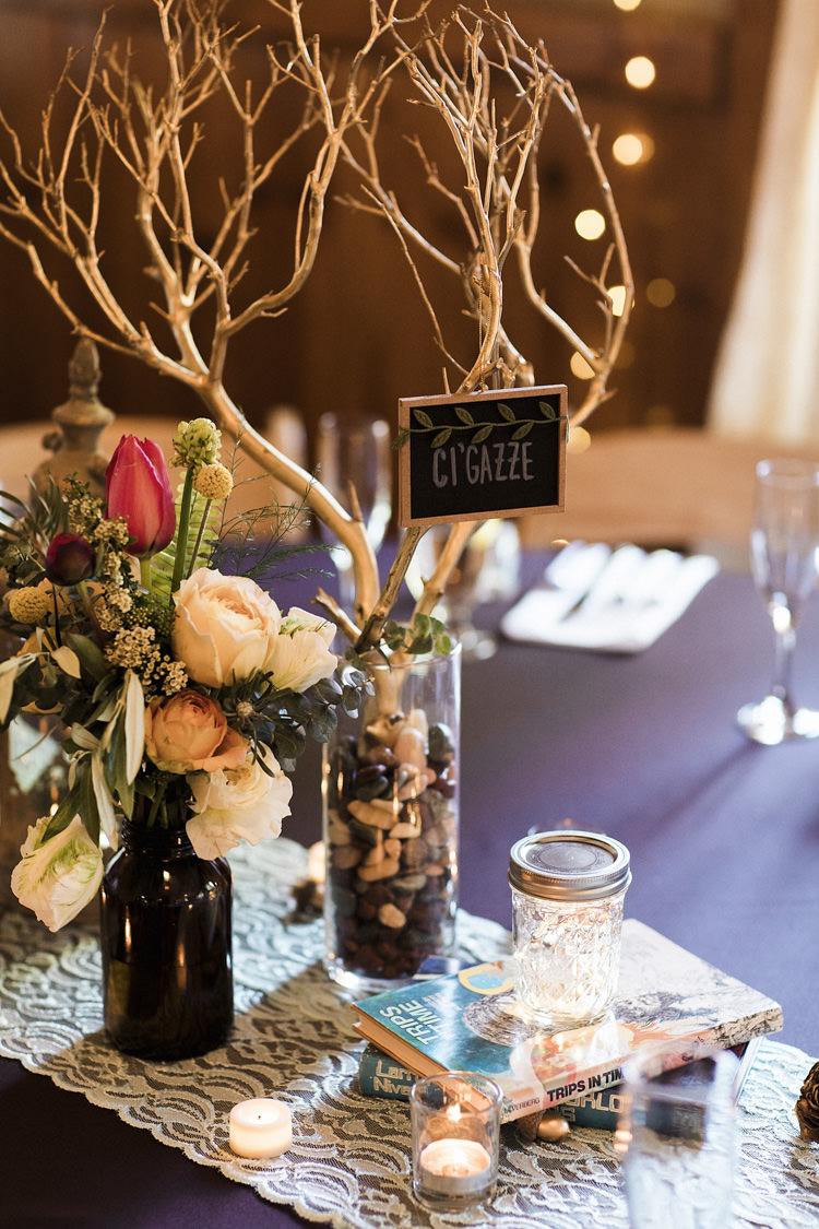 Reception Table Setting Book Lover Theme Painted Branches Blackboard Place Name Dark Bottle Multicoloured Florals Candles Books Fairy Lights Whimsical Forest Harry Potter Wedding http://heatherelizabethphotography.com/
