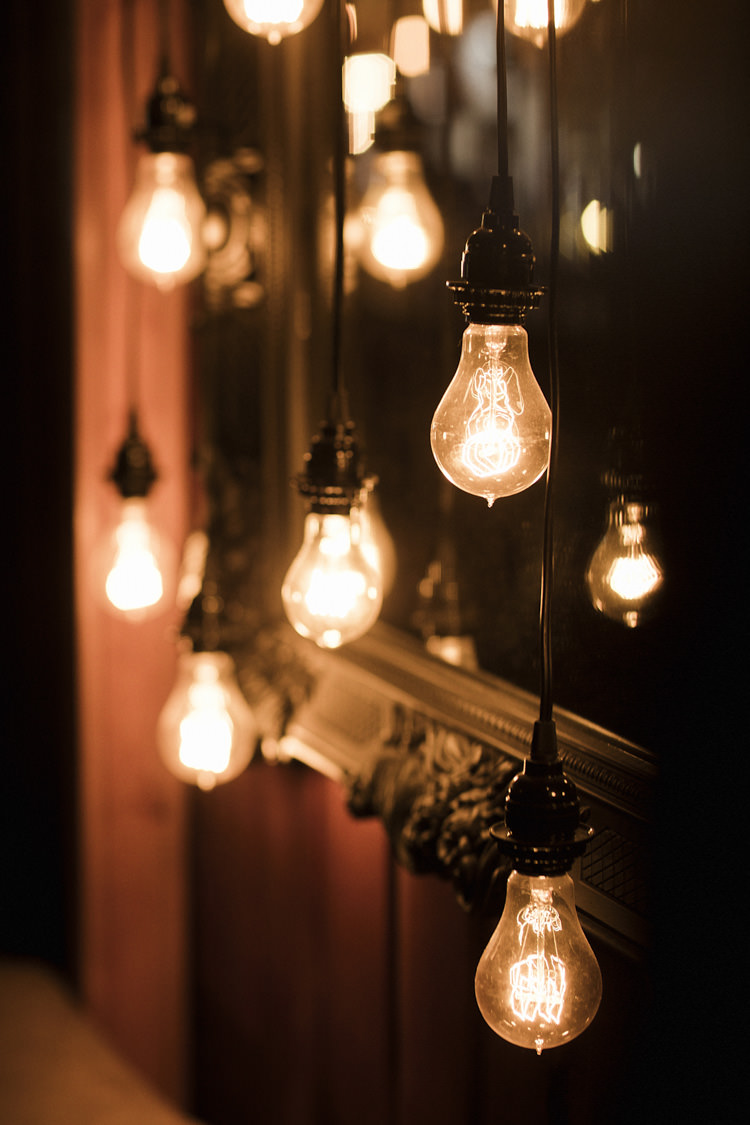 Reception Vintage Bulbs Hanging Décor Whimsical Forest Harry Potter Wedding http://heatherelizabethphotography.com/