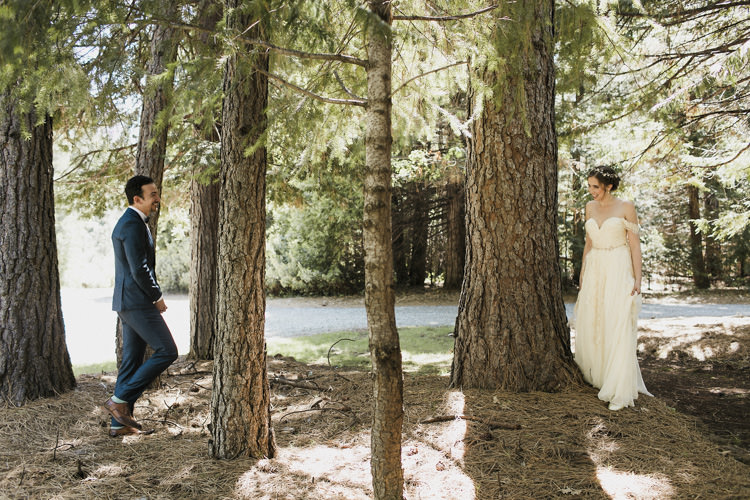 First Look Bride Sarah Seven Cascade Lace Off The Shoulder Bridal Gown Embellished Belt Crystal Hairpiece Groom Dark Blue Suit Patterned Bowtie Whimsical Forest Harry Potter Wedding http://heatherelizabethphotography.com/