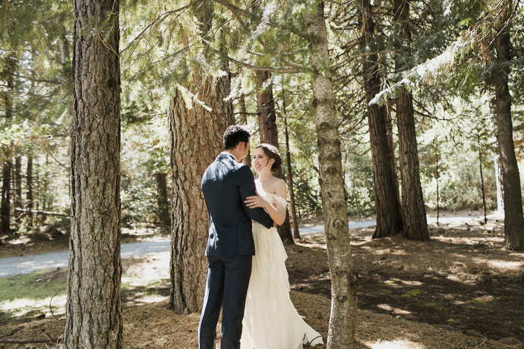First Look Bride Sarah Seven Cascade Lace Off The Shoulder Bridal Gown Embellished Belt Crystal Hairpiece Groom Dark Blue Suit Patterned Bowtie Whimsical Forest Harry Potter Wedding http://heatherelizabethphotography.com/