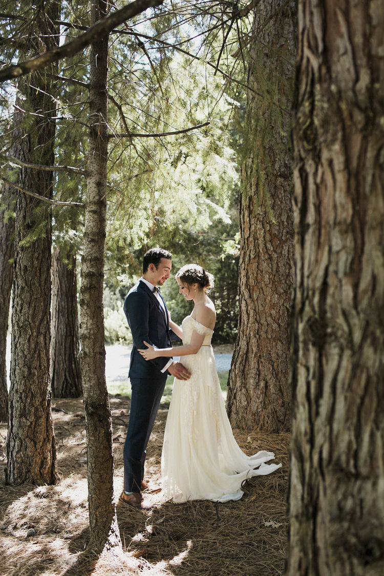 First Look Bride Sarah Seven Cascade Lace Off The Shoulder Bridal Gown Embellished Belt Crystal Hairpiece Groom Dark Blue Suit Patterned Bowtie Whimsical Forest Harry Potter Wedding http://heatherelizabethphotography.com/