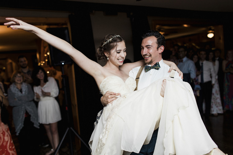 Reception Dancing Bride Sarah Seven Cascade Lace Bridal Gown Crystal Hairpiece Groom White Shirt Suspenders Patterned Bowtie Guests Whimsical Forest Harry Potter Wedding http://heatherelizabethphotography.com/