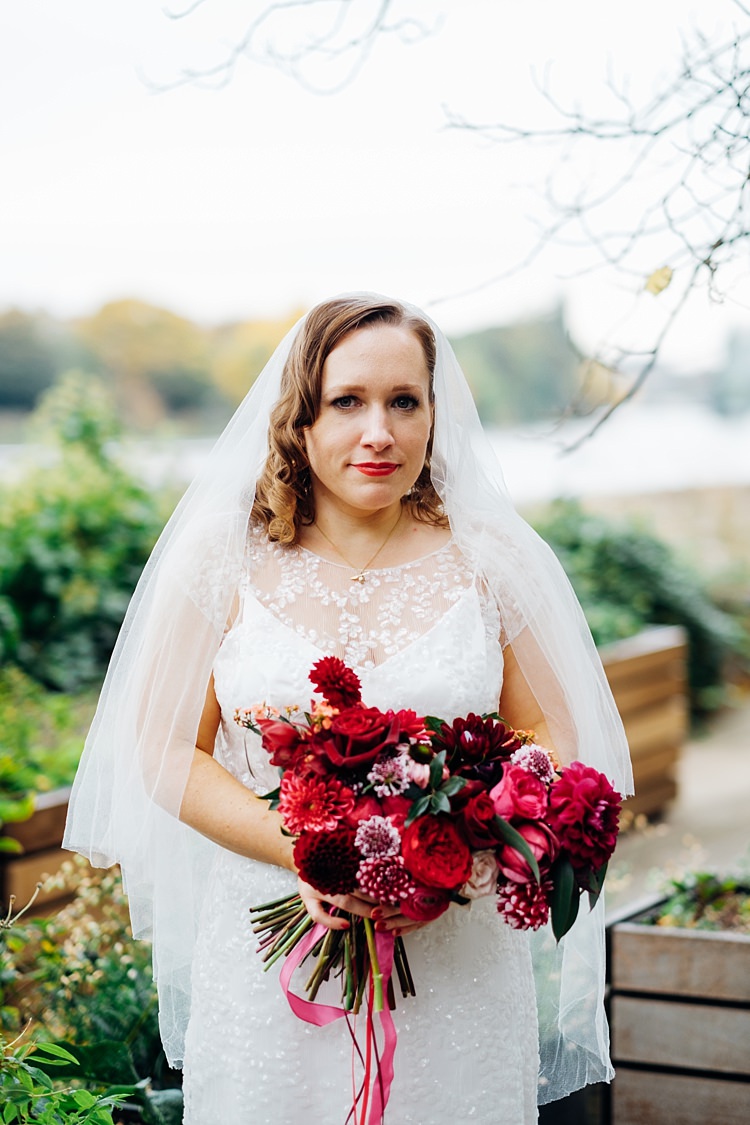 Red Bouquet Bride Bridal Autumn Dahlia Rose Ribbon Quirky Cool City Party Wedding http://www.mariannechua.com/