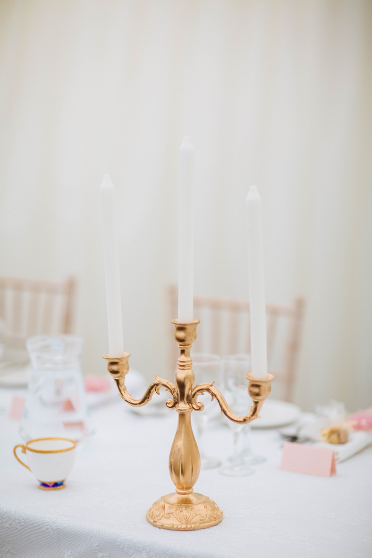 Gold Candlestick Decor Table Centrepiece Enchanted English Country Garden Wedding Disney http://lauradebourdephotography.com/