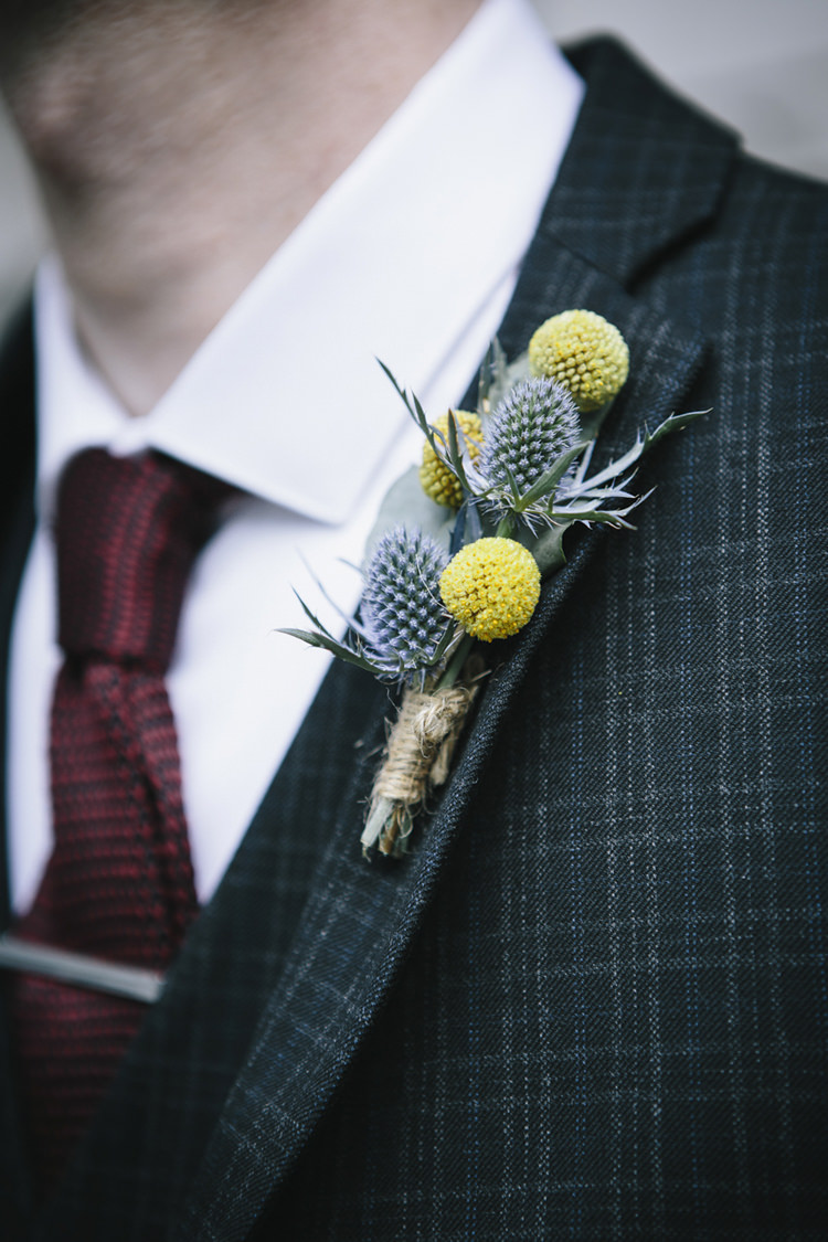 Billy Ball Craspedia Buttonhole Groom Thistle Stylish Clean Modern City Wedding https://mybeautifulbride.co.uk/