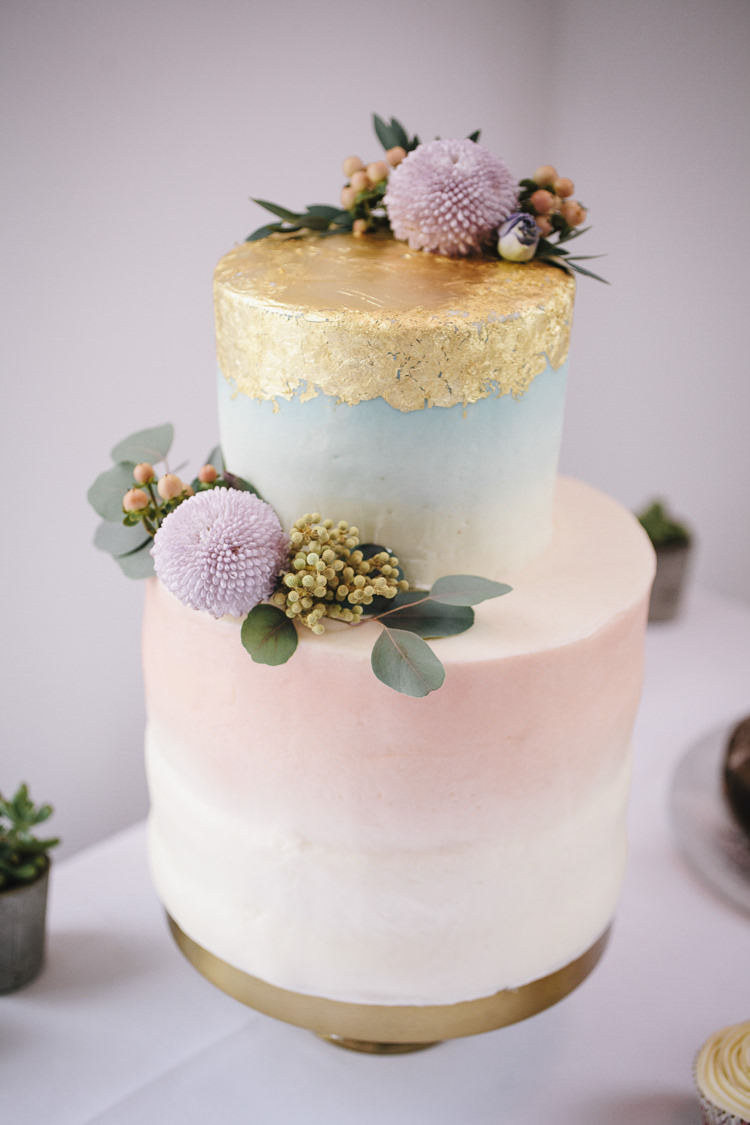 Watercolour Pastel Ombre Cake Gold Leaf Flowers Stylish Clean Modern City Wedding https://mybeautifulbride.co.uk/
