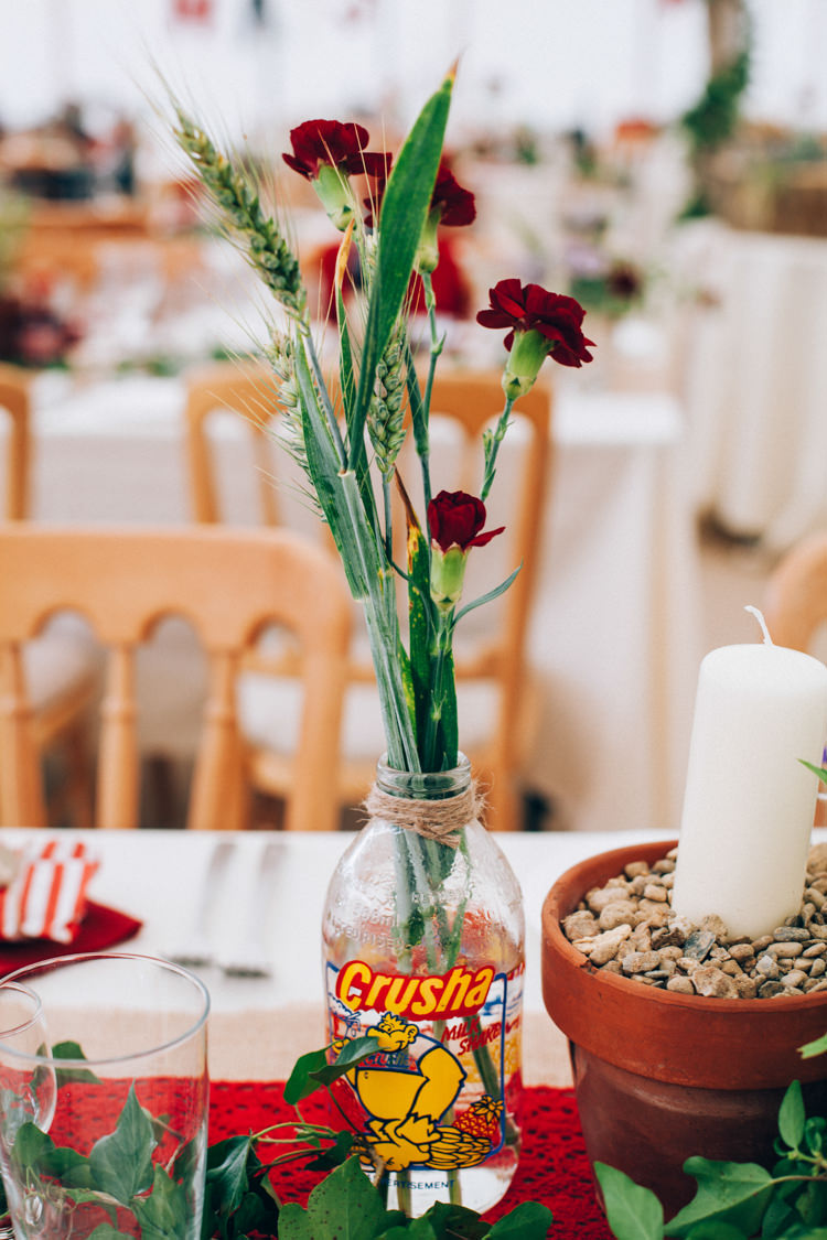 Bottle Flowers Decor Centrepiece Hand Made Red White Blue Farm Wedding http://www.caseyavenue.co.uk/ 