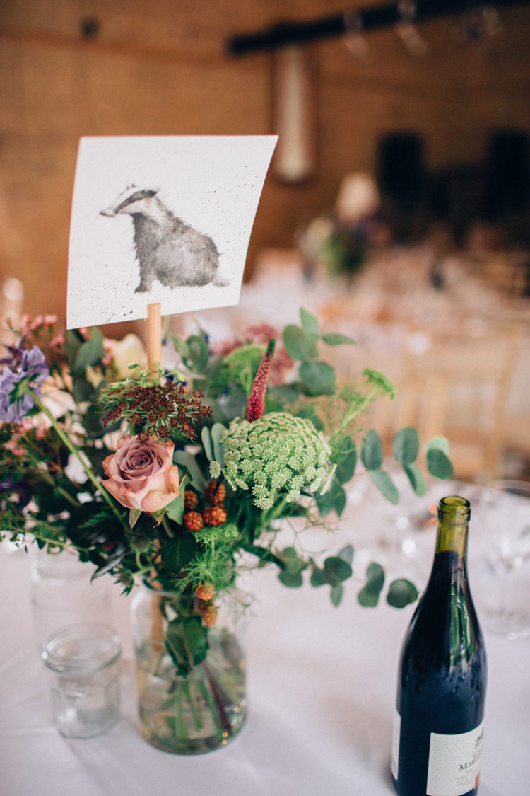 Flowers Jar Centrepiece Decor Table Berries Rose Badger Animal Table Name Rustic Home Made Farm Wedding http://blondiephotography.co.uk/