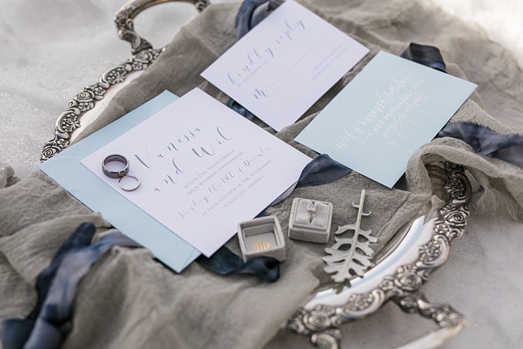 Stationery Invitation RSVP Calligraphy Engagement Ring Wedding Bands Antique Silver Tray Snowy Winter Wonderland Anniversary Shoot http://ryannlindseyphotography.com/