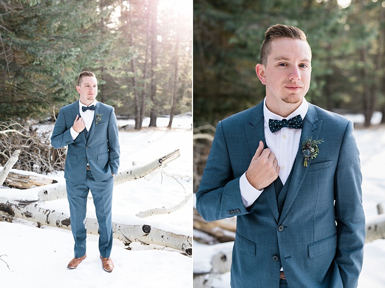 Groom Blue Suit Navy Polka Dot Bowtie Brown Leather Shoes Snowy Winter Wonderland Anniversary Shoot http://ryannlindseyphotography.com/