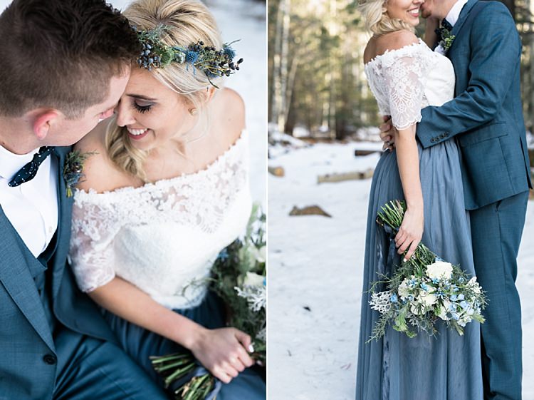 Bride Lace Off The Shoulder Top Blue Long Skirt Floral Crown Bouquet White Blue Green Flowers Groom Blue Suit Navy Polka Dot Bowtie Snowy Winter Wonderland Anniversary Shoot http://ryannlindseyphotography.com/