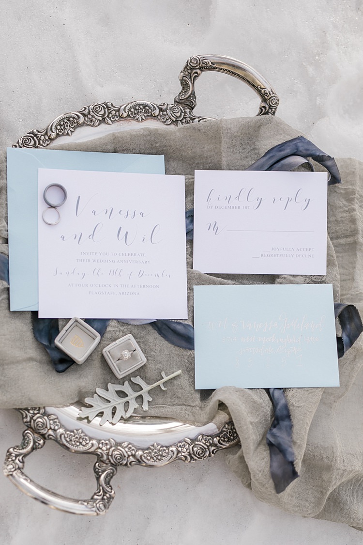 Stationery Invitation RSVP Calligraphy Wedding Bands Engagement Ring Antique Silver Tray Snowy Winter Wonderland Anniversary Shoot http://ryannlindseyphotography.com/