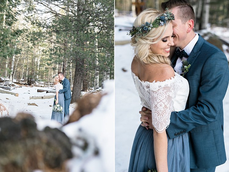 Bride Lace Off The Shoulder Top Blue Long Skirt Floral Crown Bouquet White Blue Green Flowers Groom Blue Suit Navy Polka Dot Bowtie Snowy Winter Wonderland Anniversary Shoot http://ryannlindseyphotography.com/