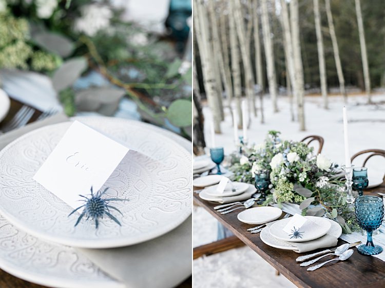 Outdoor Reception Wooden Table Calligraphy Name Card Fresh White Blue Green Florals Blue Wine Goblets Snowy Winter Wonderland Anniversary Shoot http://ryannlindseyphotography.com/