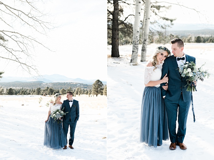 Bride Lace Off The Shoulder Top Blue Long Skirt Floral Crown Bouquet White Blue Green Flowers Groom Blue Suit Navy Polka Dot Bowtie Brown Leather Shoes Snowy Winter Wonderland Anniversary Shoot http://ryannlindseyphotography.com/