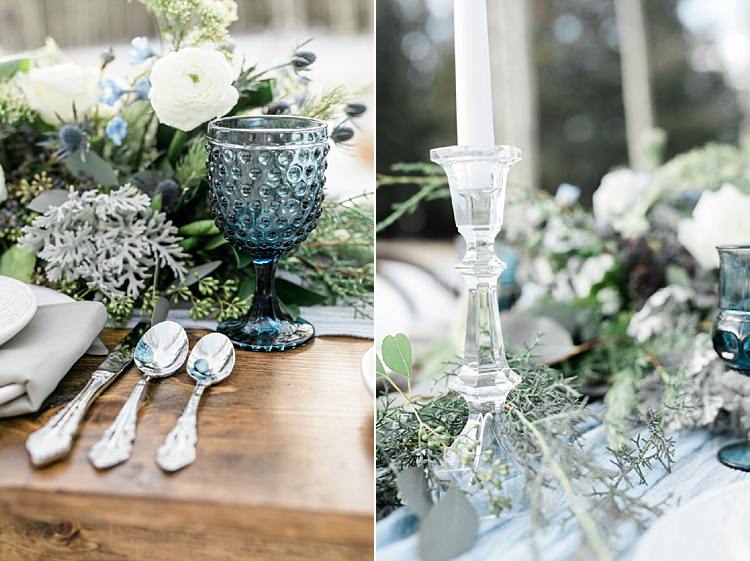 Outdoor Reception Wooden Table Fresh White Blue Green Florals Blue Wine Goblets Glass Candlesticks Snowy Winter Wonderland Anniversary Shoot http://ryannlindseyphotography.com/