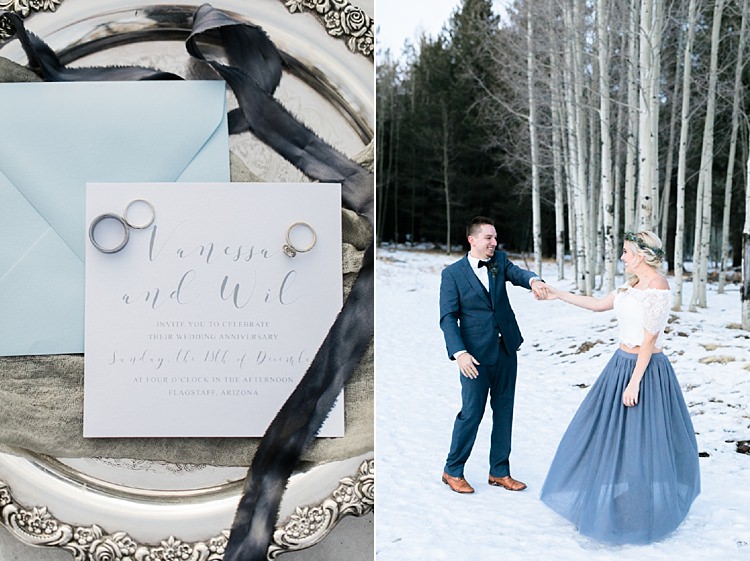 Bride Lace Off The Shoulder Top Blue Long Skirt Floral Crown Bouquet White Blue Green Flowers Groom Blue Suit Navy Polka Dot Bowtie Brown Leather Shoes Stationery Invitation Wedding Engagement Rings Antique Silver Tray Snowy Winter Wonderland Anniversary Shoot http://ryannlindseyphotography.com/