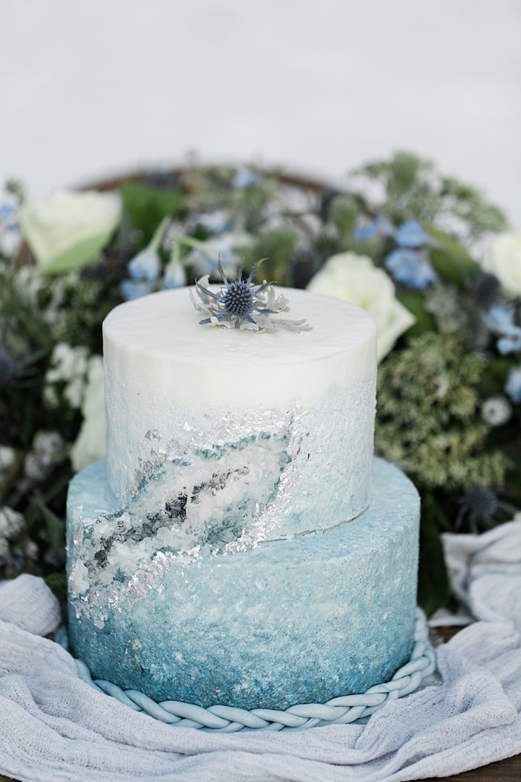 Geode Cake Gemstone Icy Blue Crystal Fresh Florals Snowy Winter Wonderland Anniversary Shoot http://ryannlindseyphotography.com/