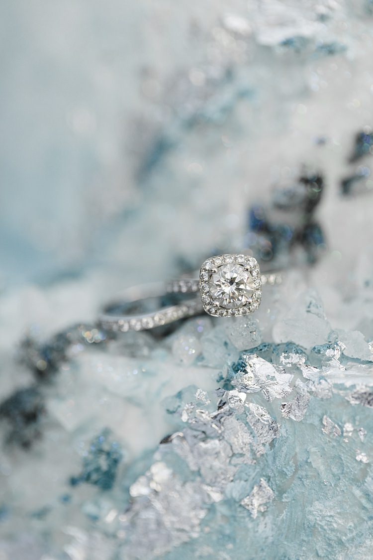 Diamond Engagement Ring Wedding Band Blue White Geode Cake Snowy Winter Wonderland Anniversary Shoot http://ryannlindseyphotography.com/