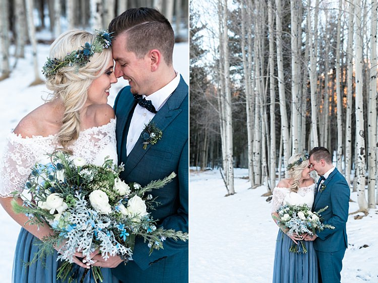 Bride Lace Off The Shoulder Top Blue Long Skirt Floral Crown Bouquet White Blue Green Flowers Groom Blue Suit Navy Polka Dot Bowtie Snowy Winter Wonderland Anniversary Shoot http://ryannlindseyphotography.com/