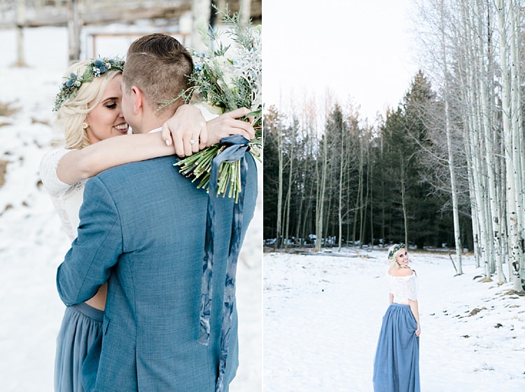 Bride Lace Off The Shoulder Top Blue Long Skirt Floral Crown Bouquet White Blue Green Flowers Groom Blue Suit Snowy Winter Wonderland Anniversary Shoot http://ryannlindseyphotography.com/