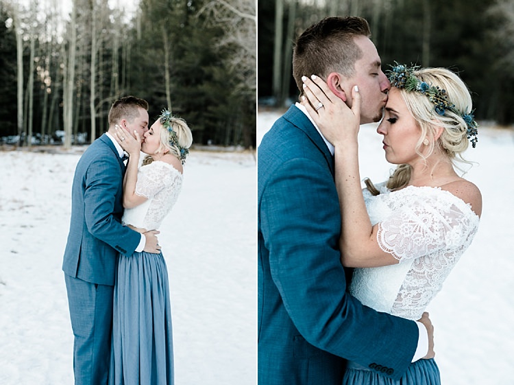 Bride Lace Off The Shoulder Top Blue Long Skirt Floral Crown Bouquet White Blue Green Flowers Groom Blue Suit Navy Polka Dot Bowtie Snowy Winter Wonderland Anniversary Shoot http://ryannlindseyphotography.com/