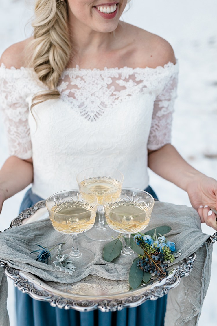 Bride White Lace Off The Shoulder Top Blue Long Skirt Antique Silver Tray Florals Cocktails Snowy Winter Wonderland Anniversary Shoot http://ryannlindseyphotography.com/