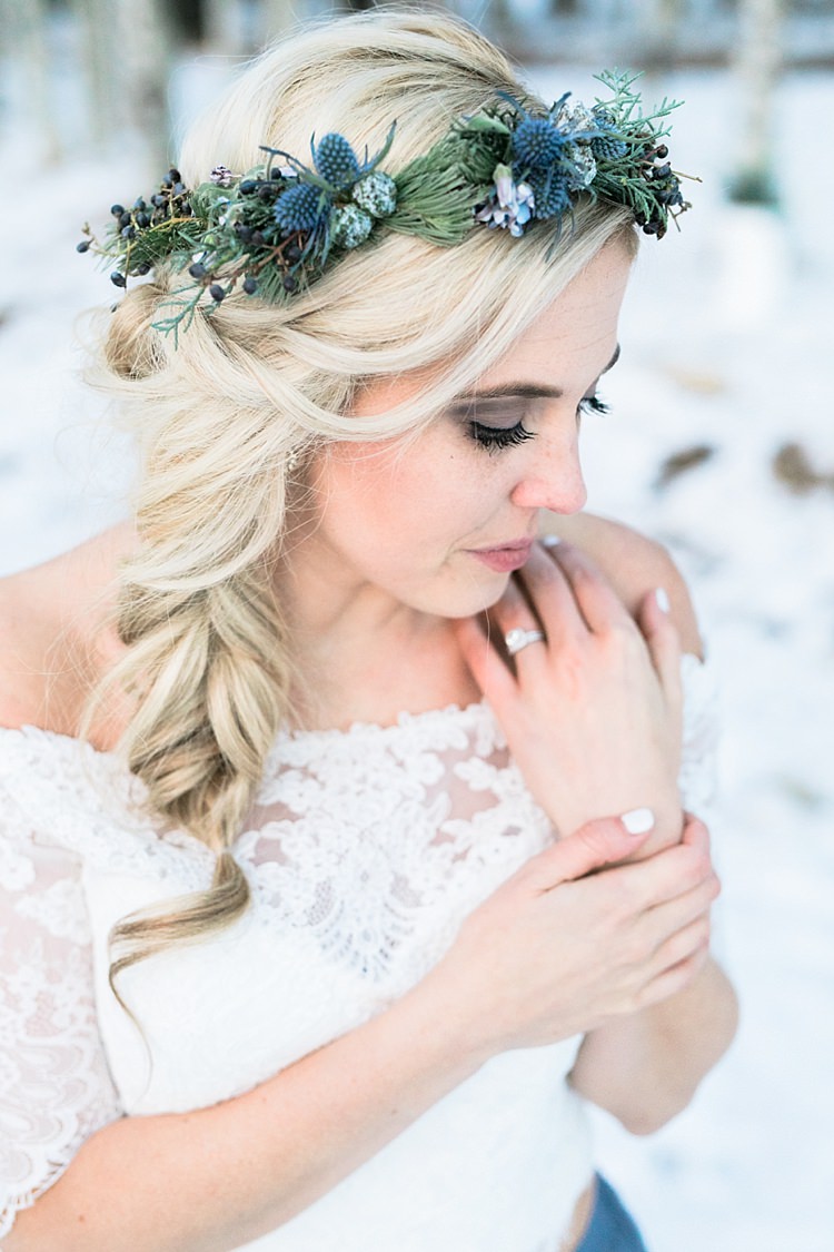 Bride White Lace Off The Shoulder Top Blue Long Skirt Floral Crown Engagement Wedding Rings Snowy Winter Wonderland Anniversary Shoot http://ryannlindseyphotography.com/