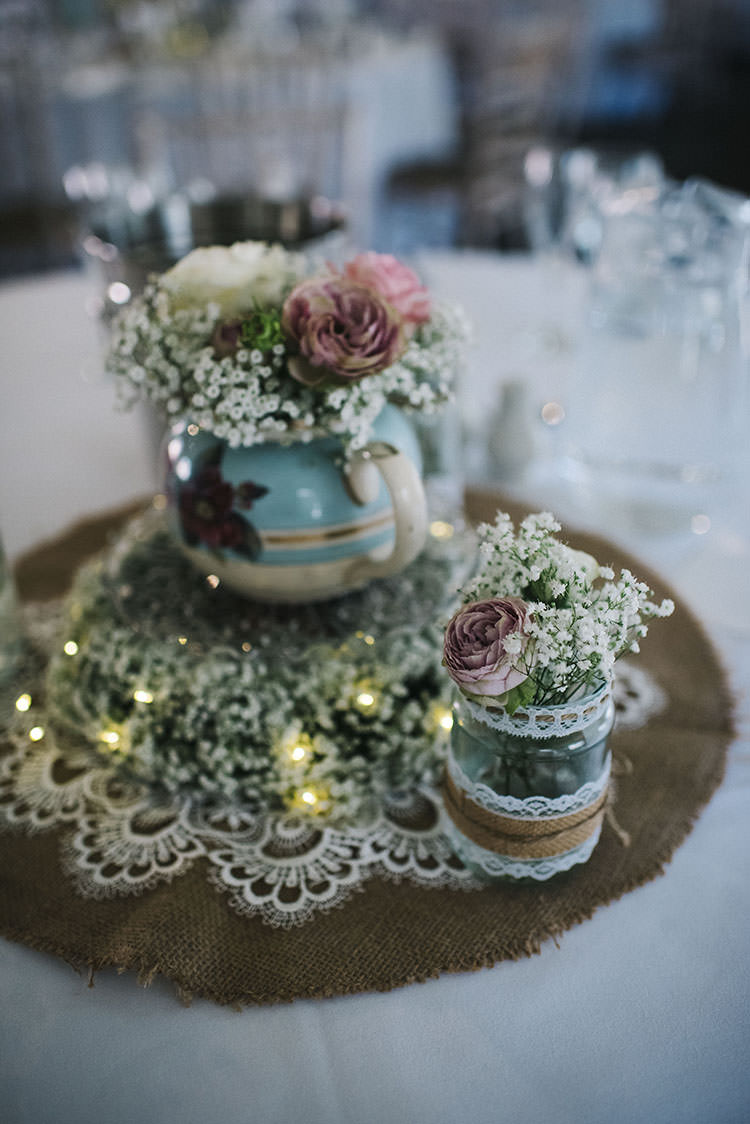 Decor Centrepiece Hessian Lace Jar Teapot Flowers Mint Green Natural Wedding https://www.kerrywoodsphotography.com/