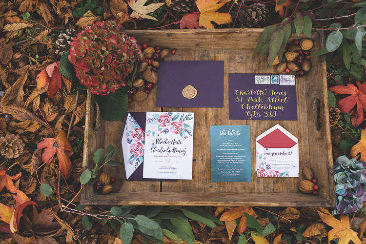 Stationery Floral Purple Red Gold Magical Autumn Outdoorsy Woodland Wedding Ideas http://kirstymackenziephotography.co.uk/